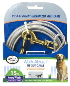 Four Paws® Walk-About® Tie-Out Cable - Heavy Weight 9 Four Paws® Walk-About® Tie-Out Cable - Heavy Weight -Tropi Pet Care Shop 045663847159 four paws tie out cable for large dogs silver 15 feet in packaging front