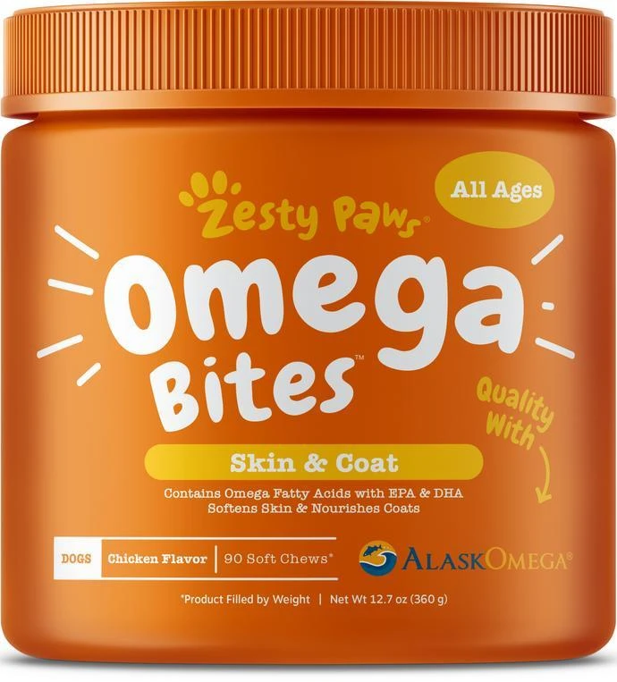 Zesty Paws Omega Bites For Skin & Coat Support Chicken Flavor With Alaskan Fish Oil Soft Chews For Dogs 3 Zesty Paws Omega Bites For Skin & Coat Support Chicken Flavor With Alaskan Fish Oil Soft Chews For Dogs