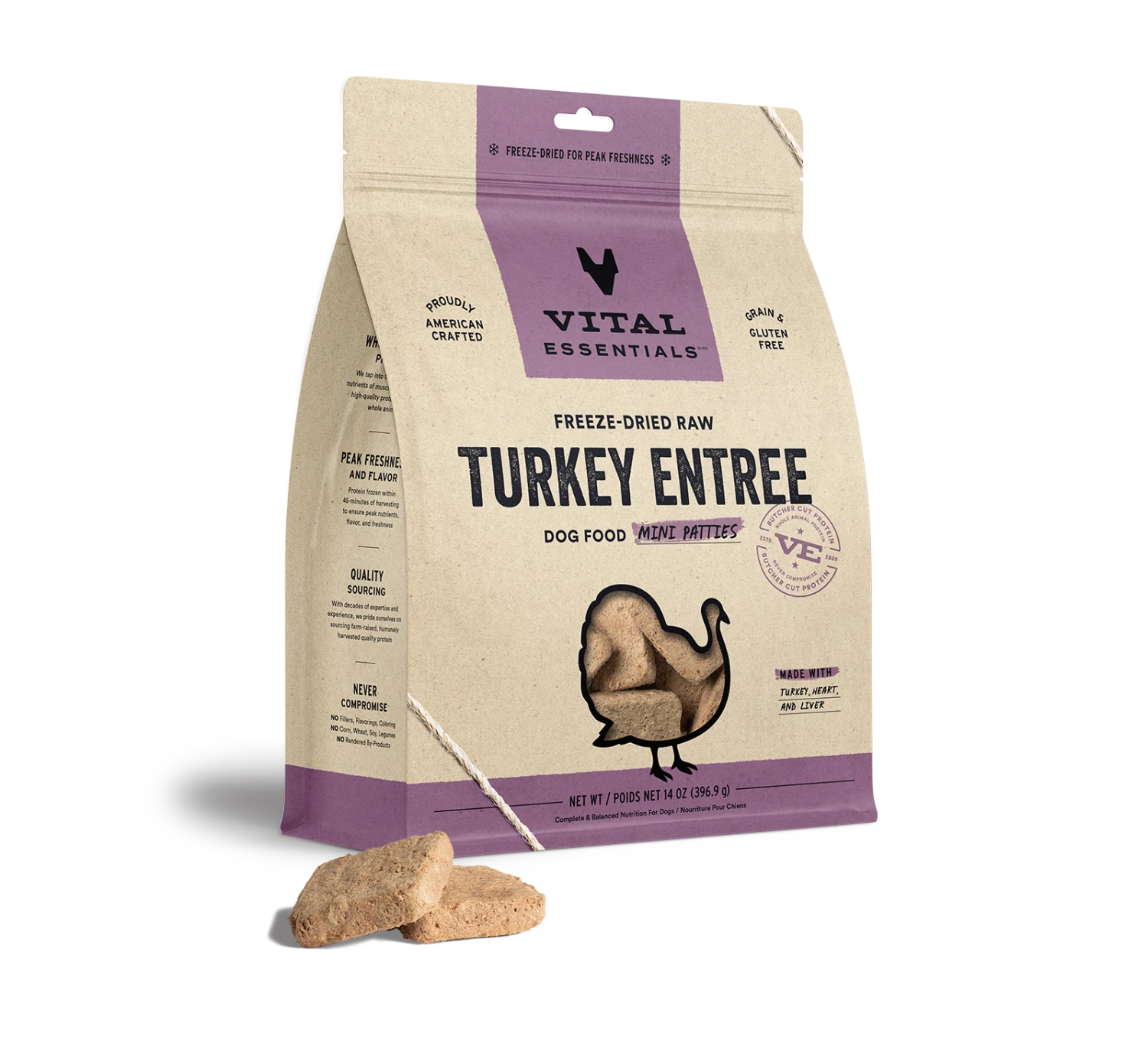 Vital Essentials Freeze-Dried Raw Turkey Entrée Mini Patties Dog Food 3 Vital Essentials Freeze-Dried Raw Turkey Entrée Mini Patties Dog Food